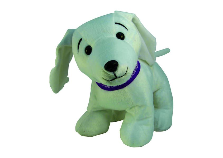 white boost dog plush with a blue collar