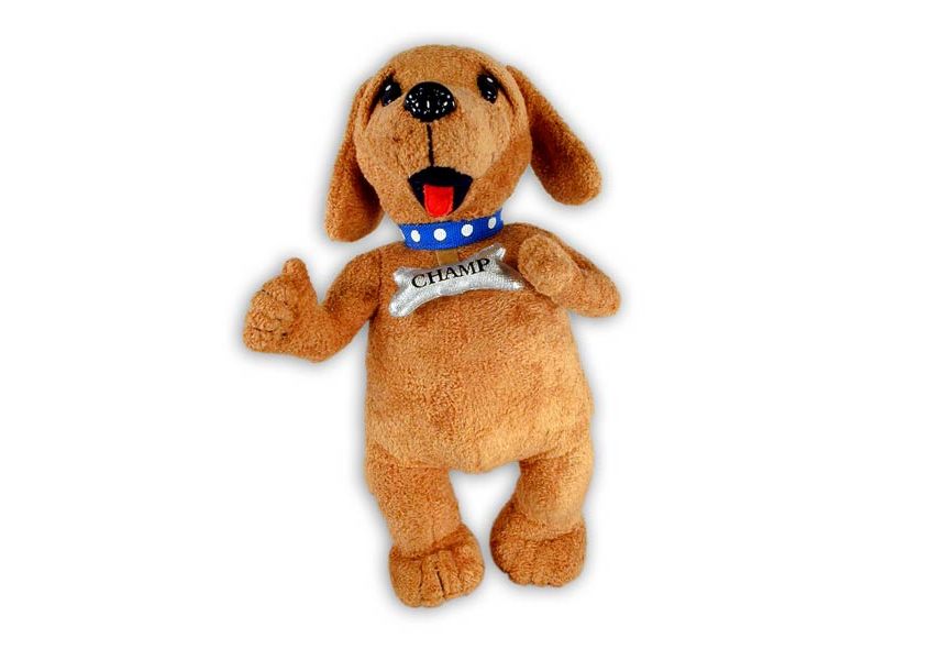 Champ, brown dog plush with blue collar