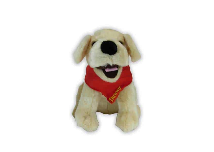 yellow Dannys Dog plush with red bandanna