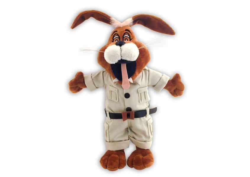 brown rabbit plush doll in grey jumpsuit