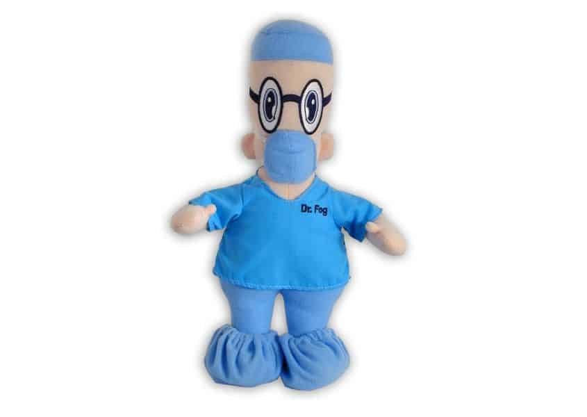 Dr Fog doll in blue scrubs and face mask