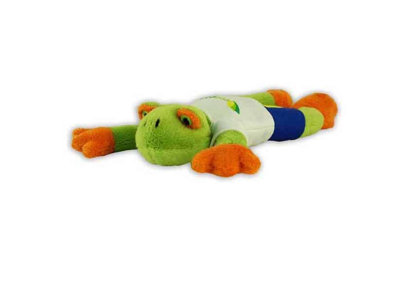 Green ecco frog plush in white shirt and blue shorts