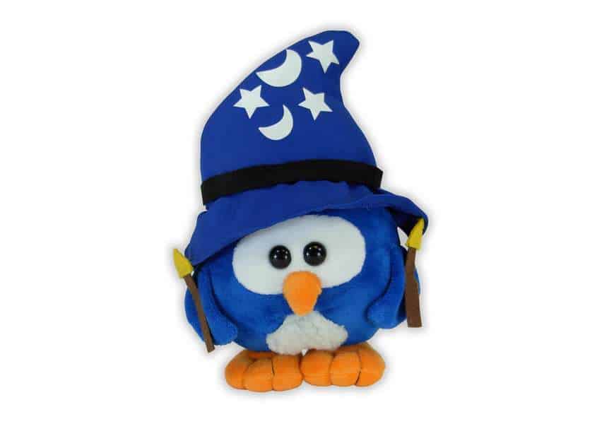 blue genius owl plush in wizard hat