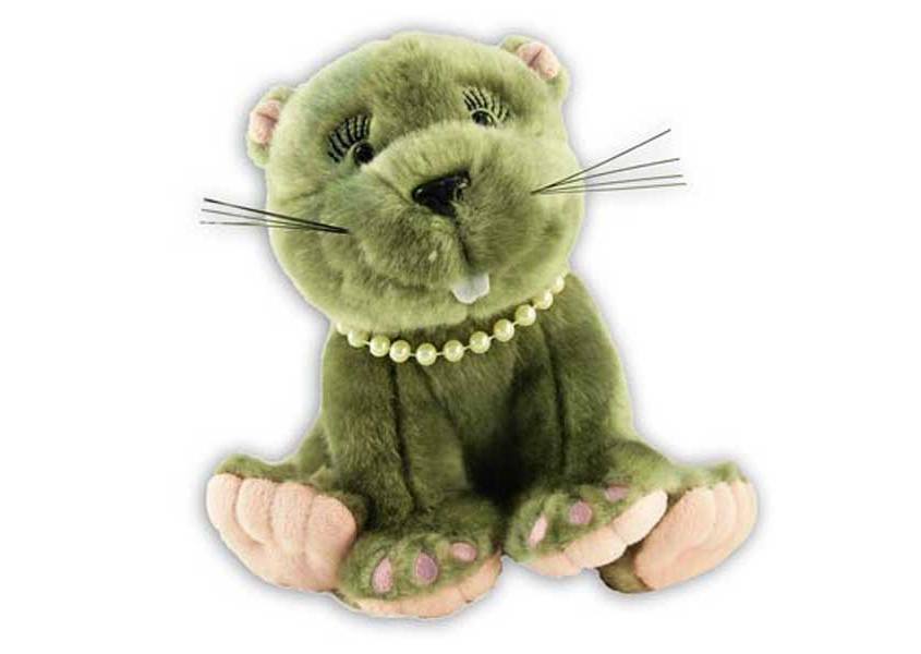 Gray beaver plush with pearl necklace