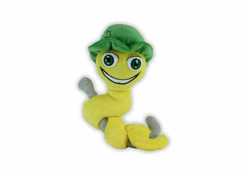 Lucky T Worm plush green worm with hat on twig