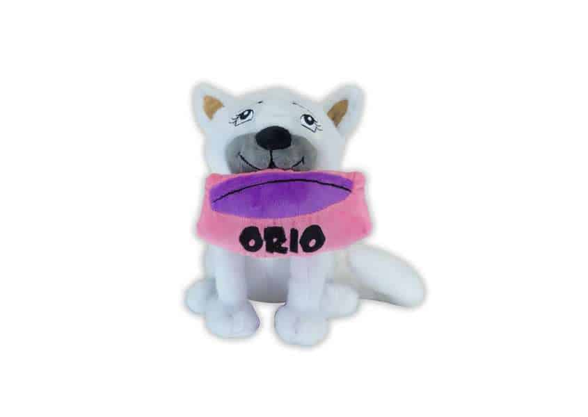 Orio white dog plush with pink food bowl