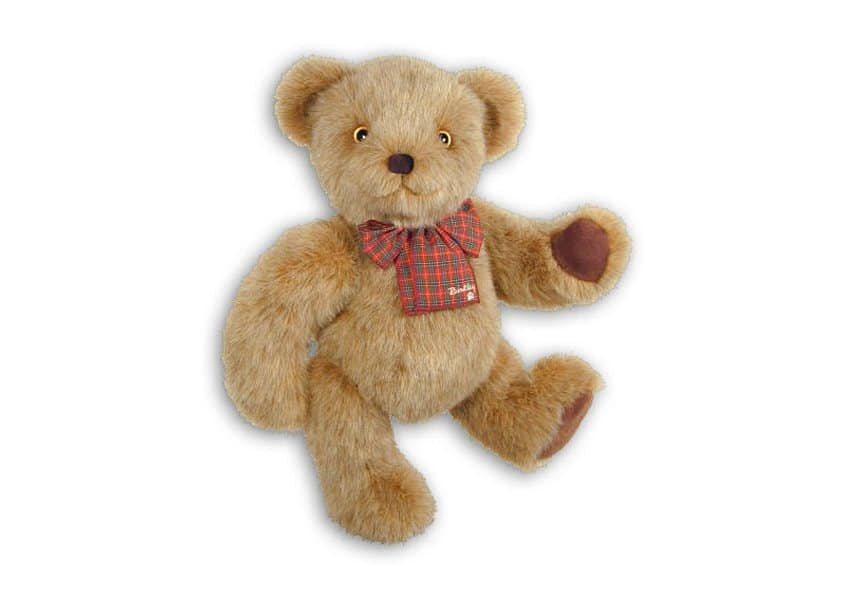 Binkley Bear, brown fuzzy teddy bear with plaid bow tie