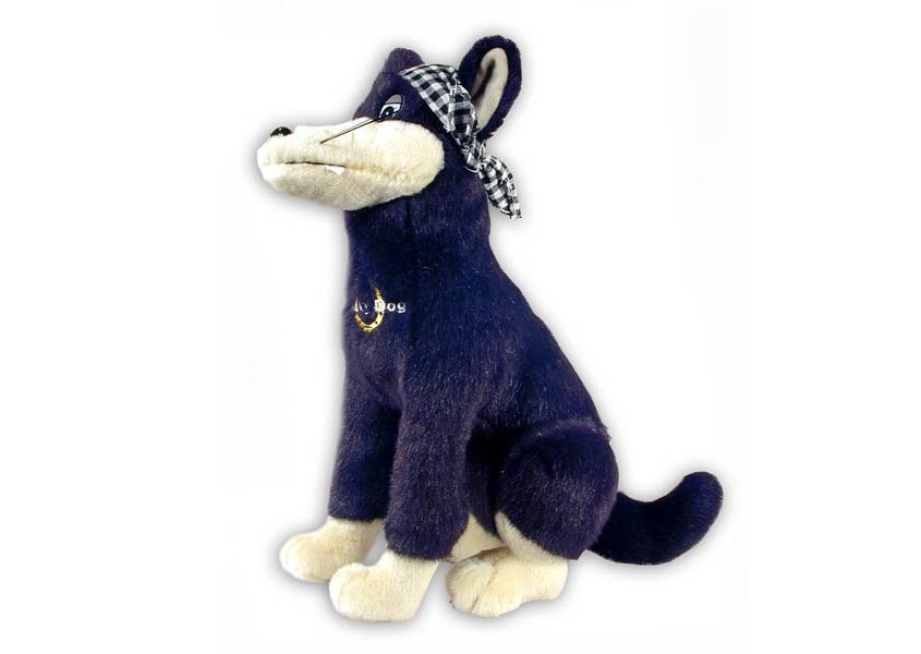 Bruno, blue dog plush with checkered bandanna