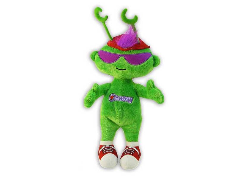 Choosy - Green alien plush with red shoes and purple sunglasses