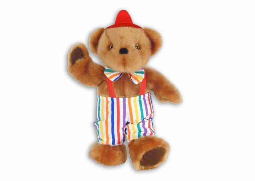 brown Clown bear teddy in striped bow tie and overalls