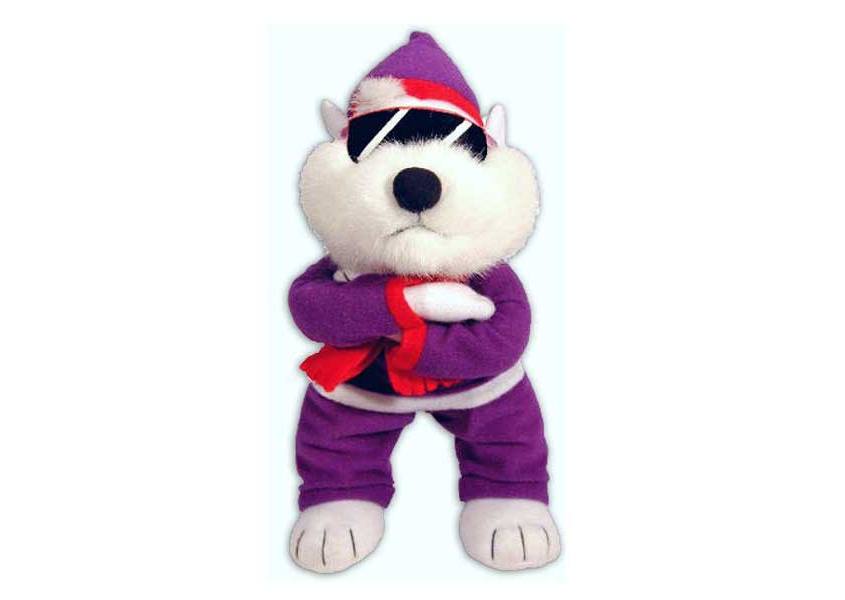 white Cool bear plush in purple tracksuit
