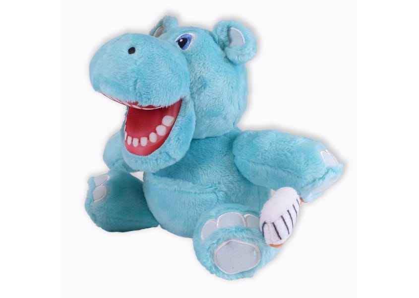 blue Hippo plush with mouth open holding a toothbrush