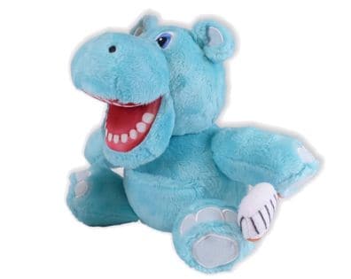 blue Hippo plush with mouth open holding a toothbrush